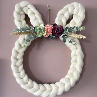 Chunky Knitted Merino Floral Bunny Wreath
